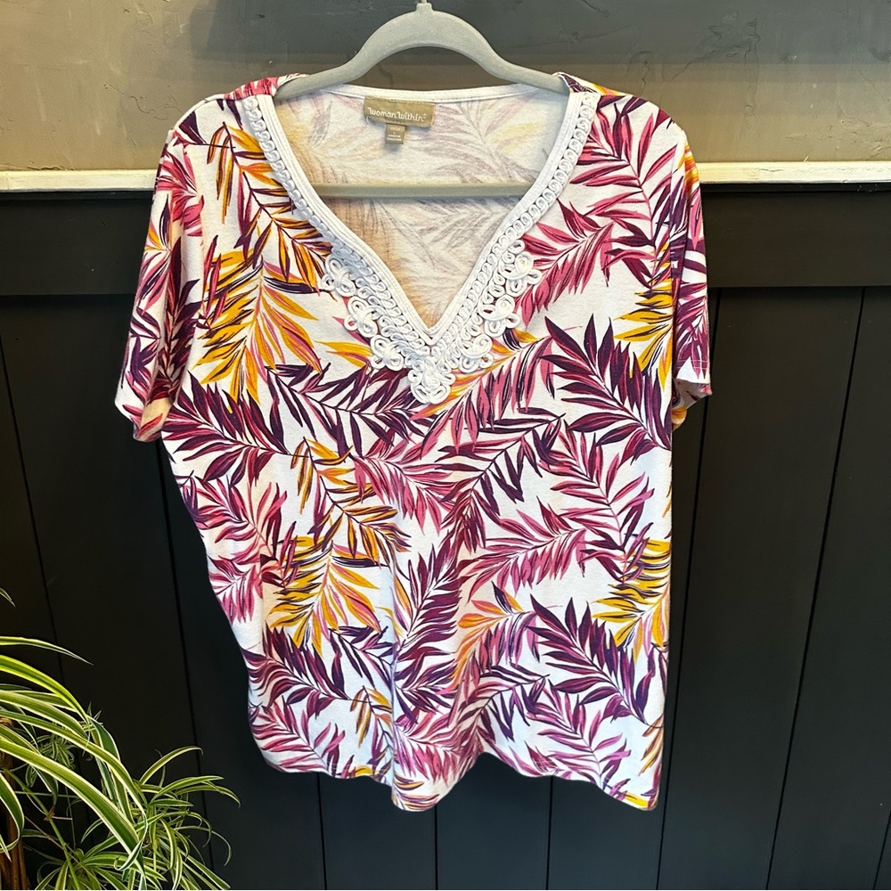 Woman Within Tropical Leaf Print Pink Purple Orange Women's Top Size L 18/20